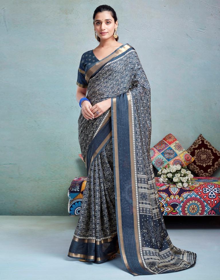 Dusty Blue Silk Printed  Saree