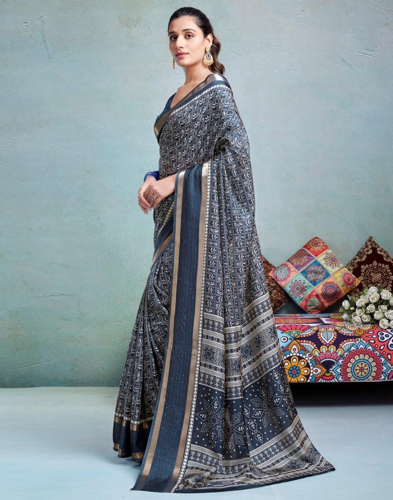 Dusty Blue Silk Printed  Saree