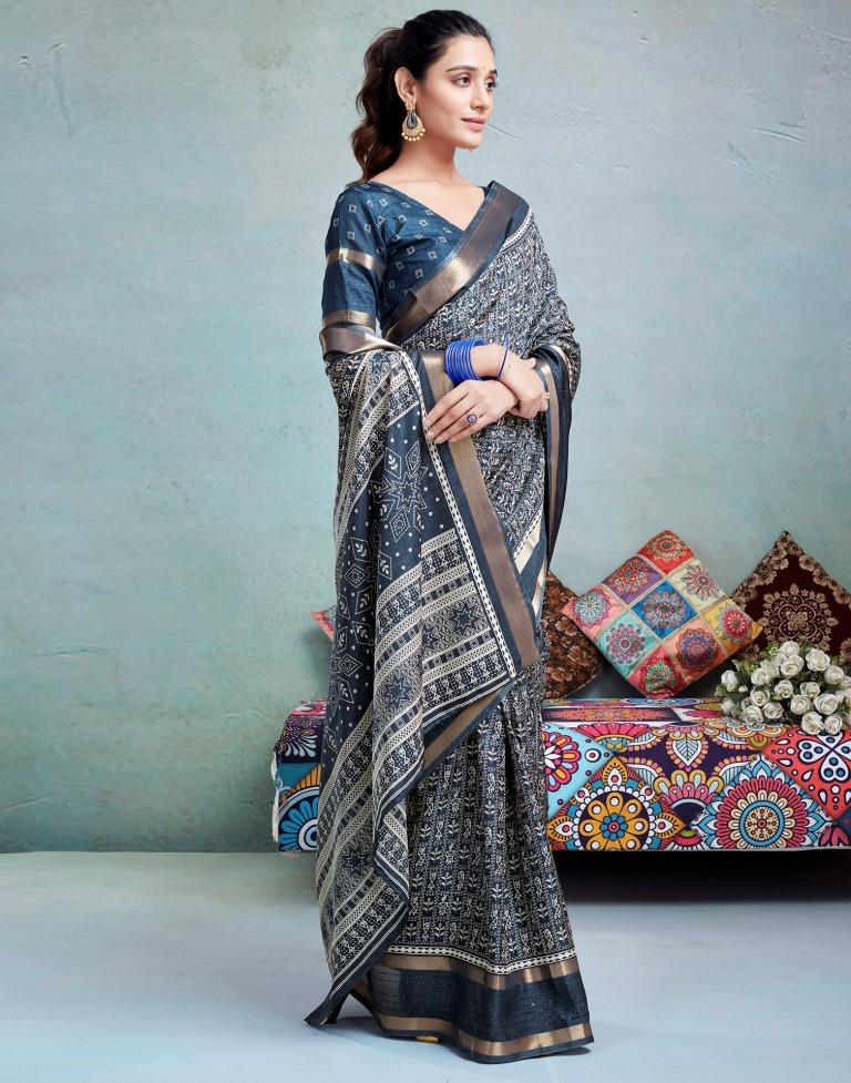 Dusty Blue Silk Printed  Saree