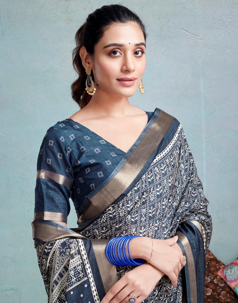 Dusty Blue Silk Printed  Saree