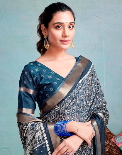 Dusty Blue Silk Printed  Saree