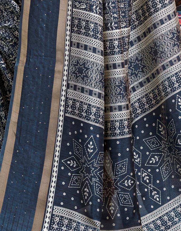 Dusty Blue Silk Printed  Saree