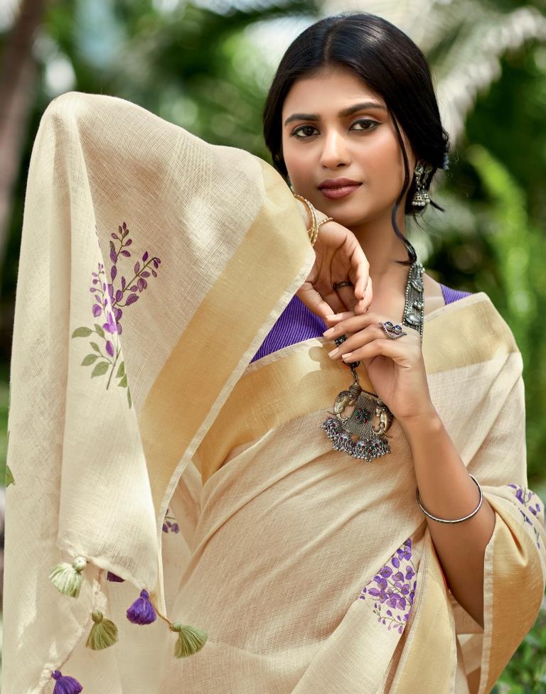 Beige Cotton Printed  Saree