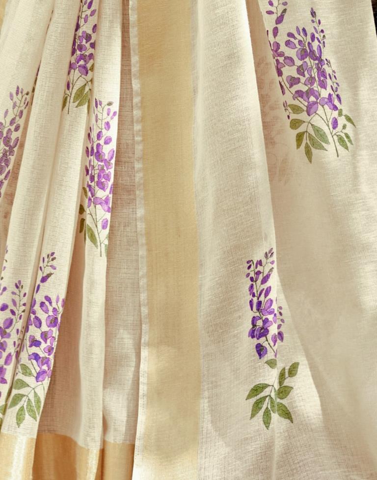 Beige Cotton Printed  Saree