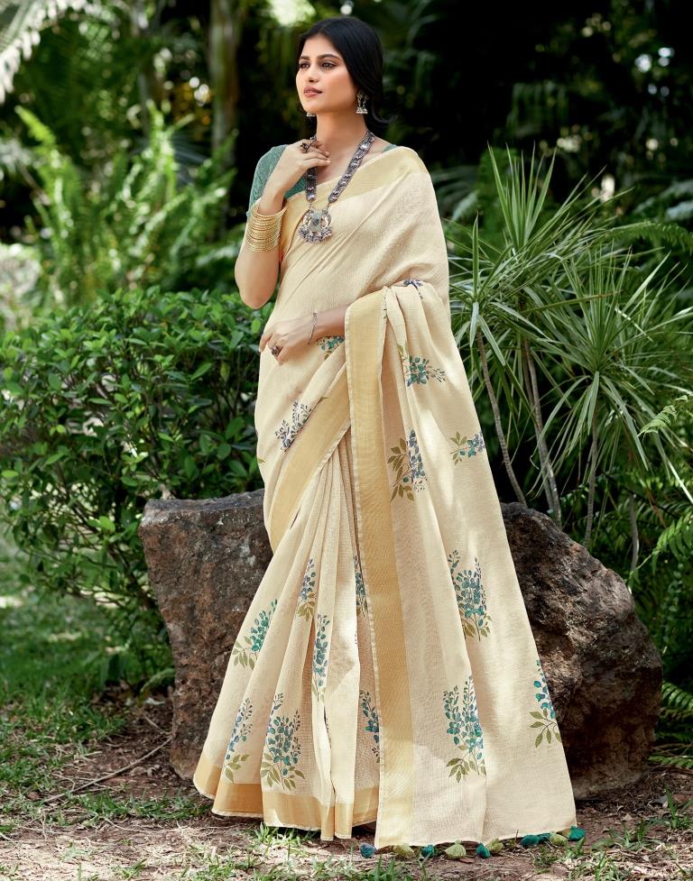 Beige Cotton Printed  Saree