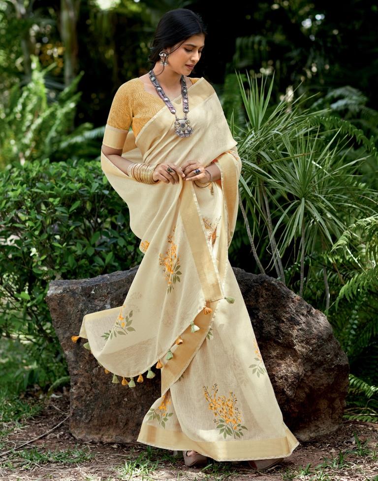 Beige Cotton Printed  Saree