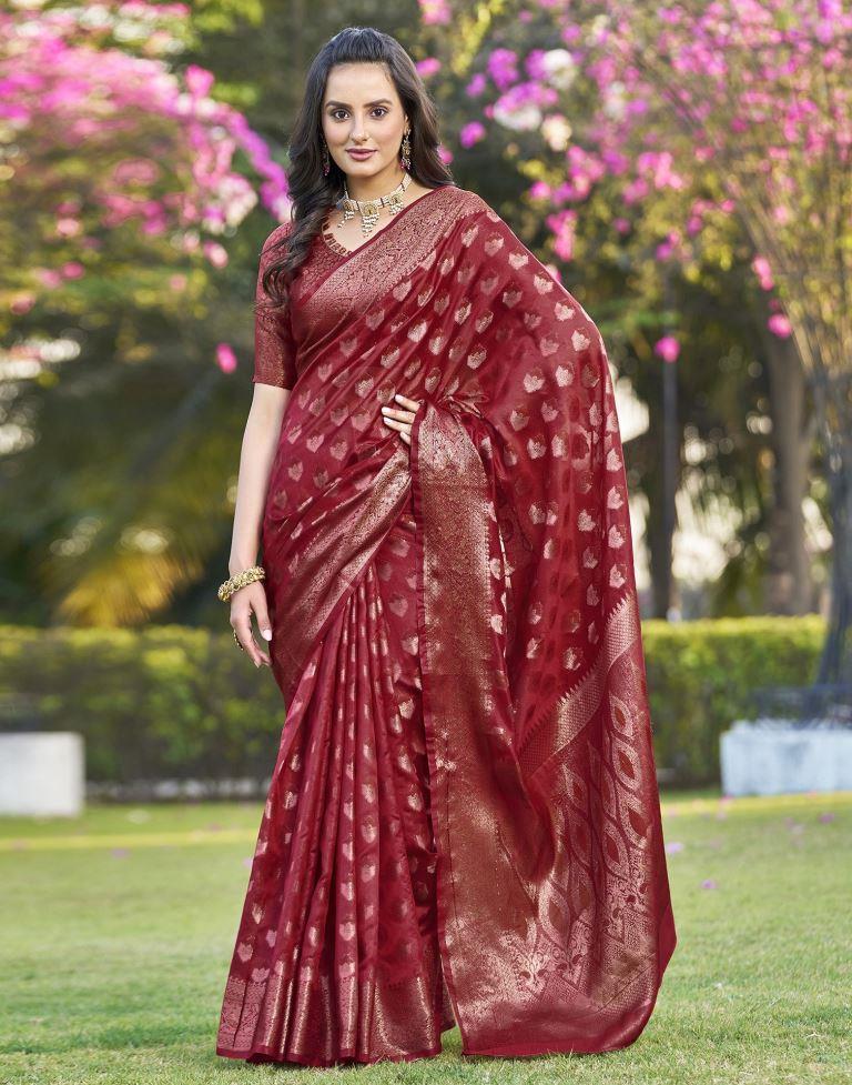 Red Organza Plain Saree