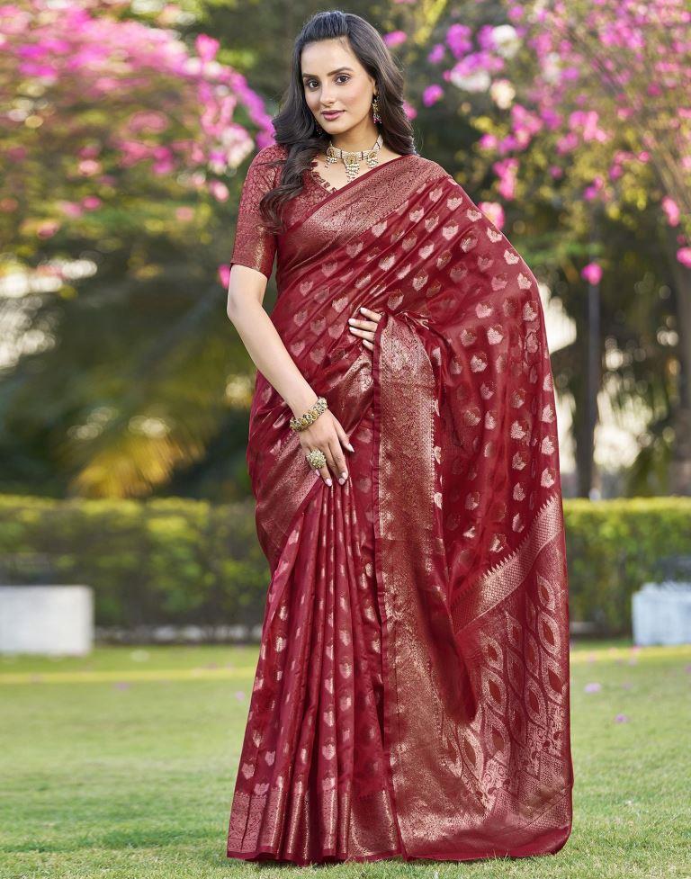 Red Organza Plain Saree