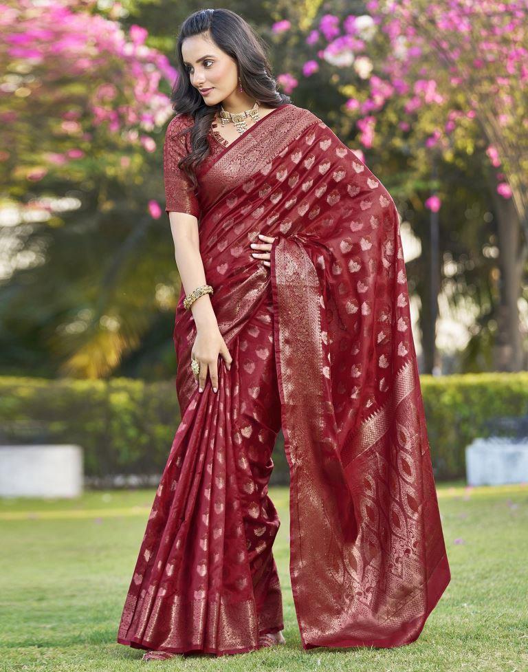 Red Organza Plain Saree