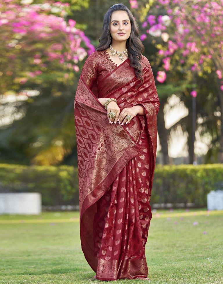 Red Organza Plain Saree