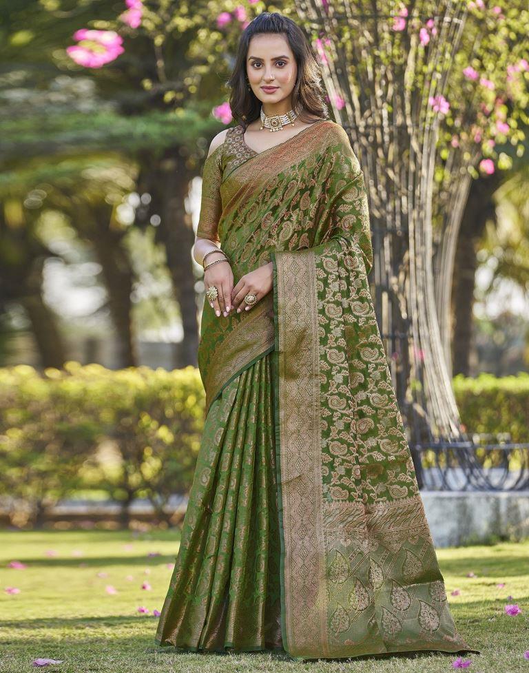 Green Organza Plain Saree