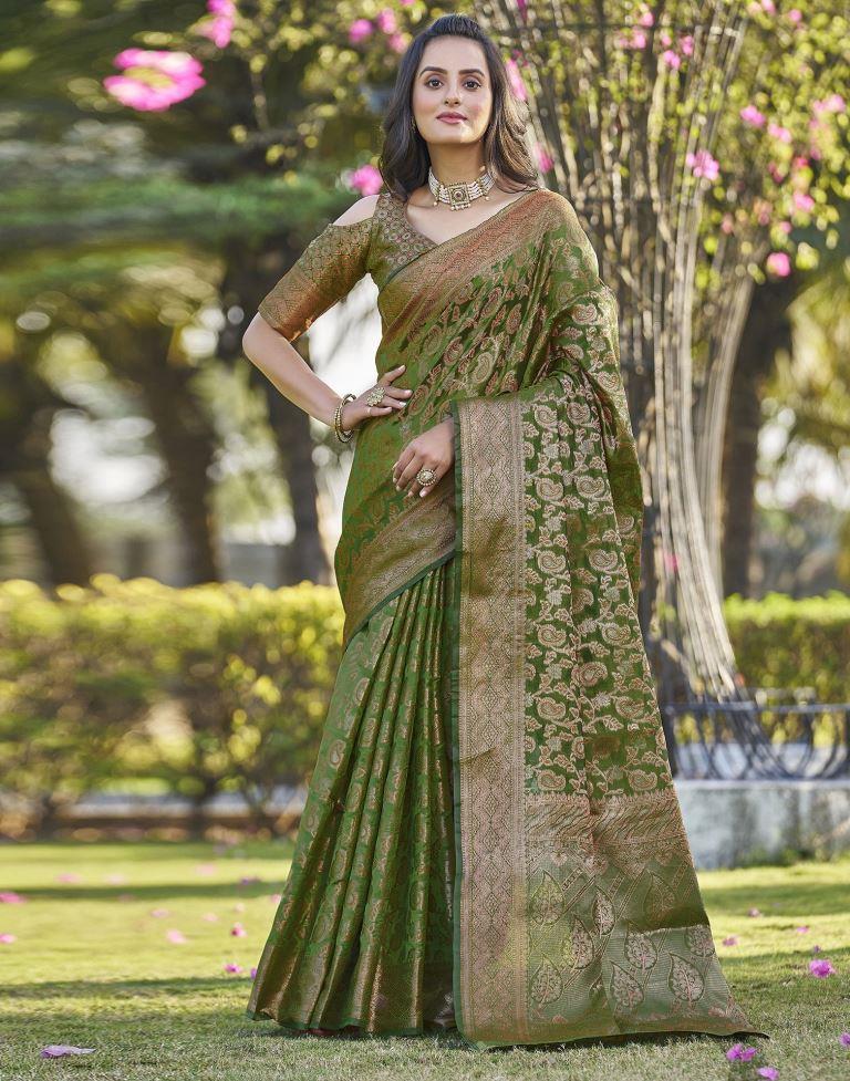 Green Organza Plain Saree