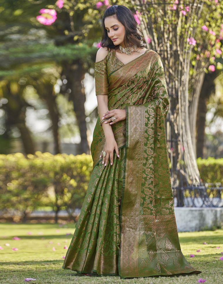 Green Organza Plain Saree