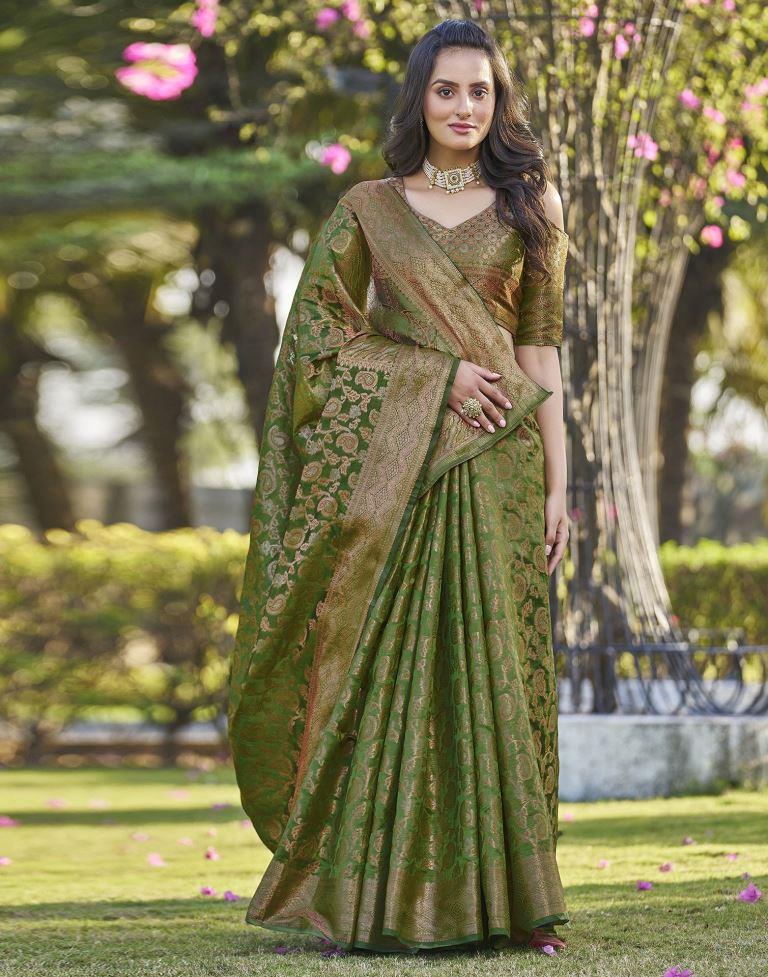 Green Organza Plain Saree