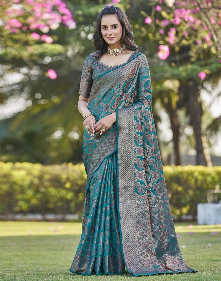 Rama Blue Organza Plain Saree