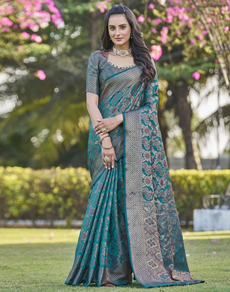 Rama Blue Organza Plain Saree