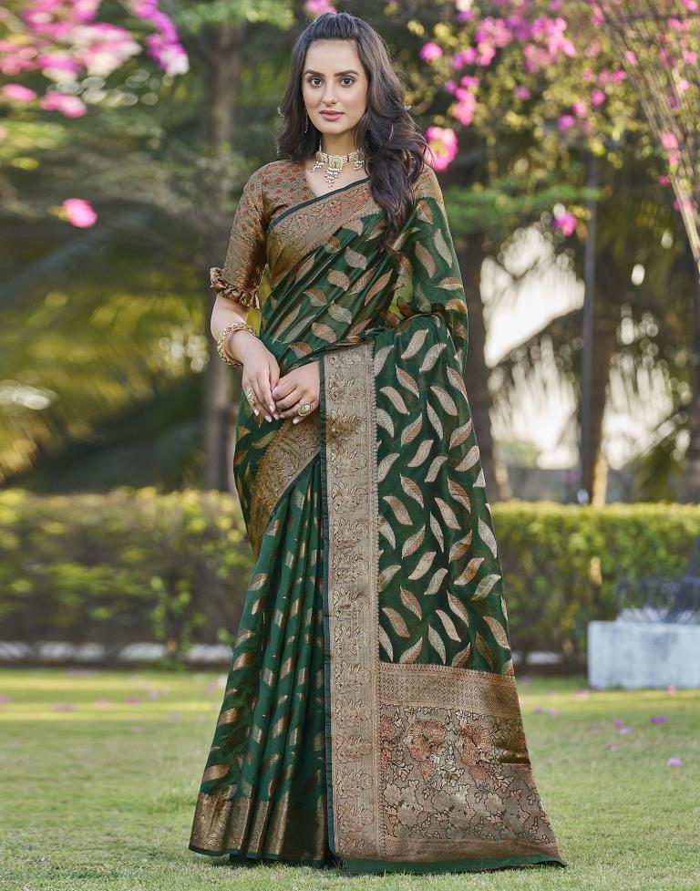 Dark Green Organza Plain Saree