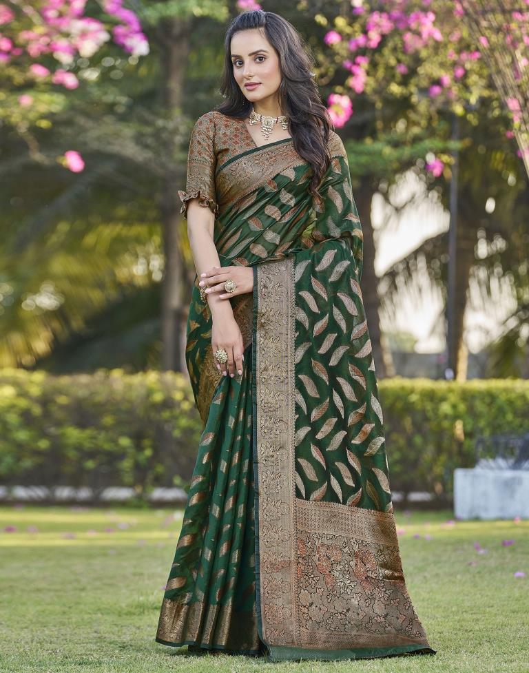 Dark Green Organza Plain Saree