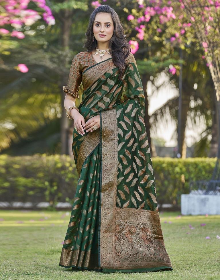 Dark Green Organza Plain Saree