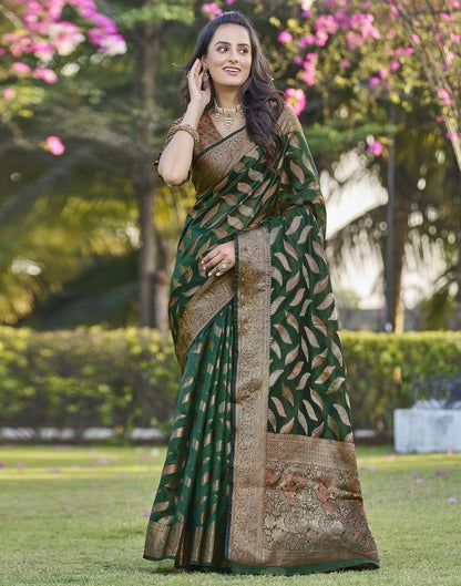 Dark Green Organza Plain Saree