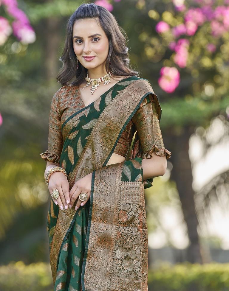 Dark Green Organza Plain Saree