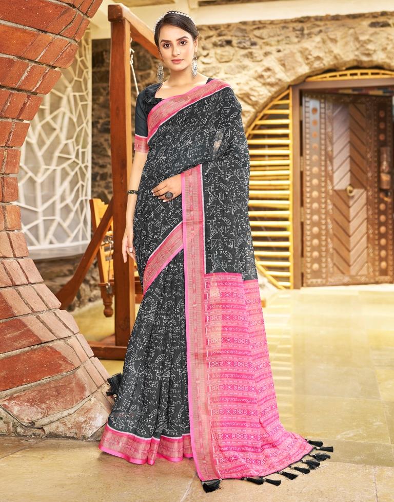 Dark Grey &amp; Pink Linen Printed  Saree