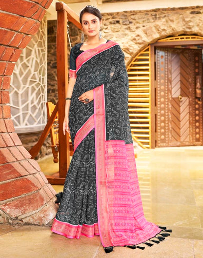 Dark Grey &amp; Pink Linen Printed  Saree