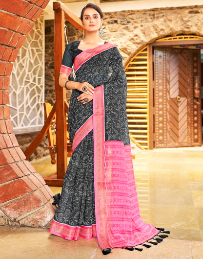 Dark Grey &amp; Pink Linen Printed  Saree