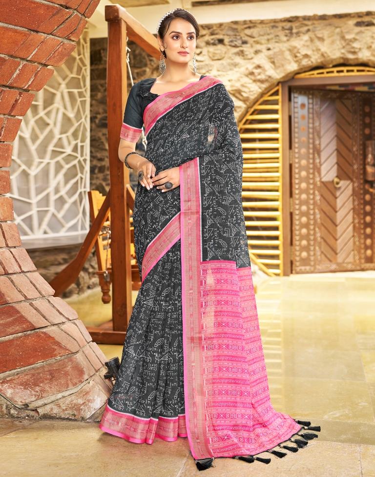 Dark Grey &amp; Pink Linen Printed  Saree