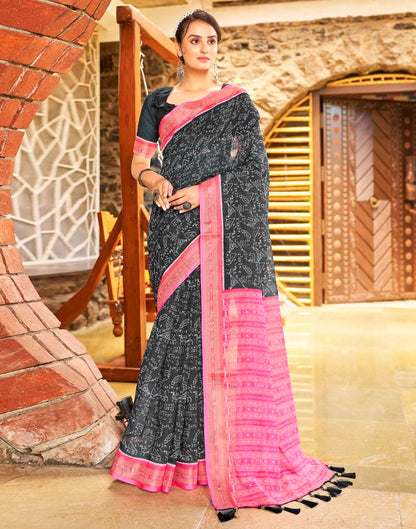 Dark Grey &amp; Pink Linen Printed  Saree