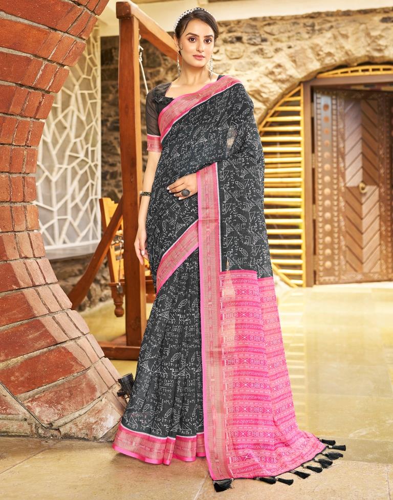 Dark Grey &amp; Pink Linen Printed  Saree