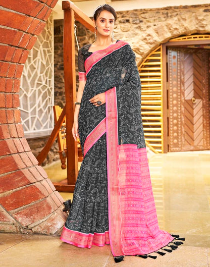 Dark Grey &amp; Pink Linen Printed  Saree