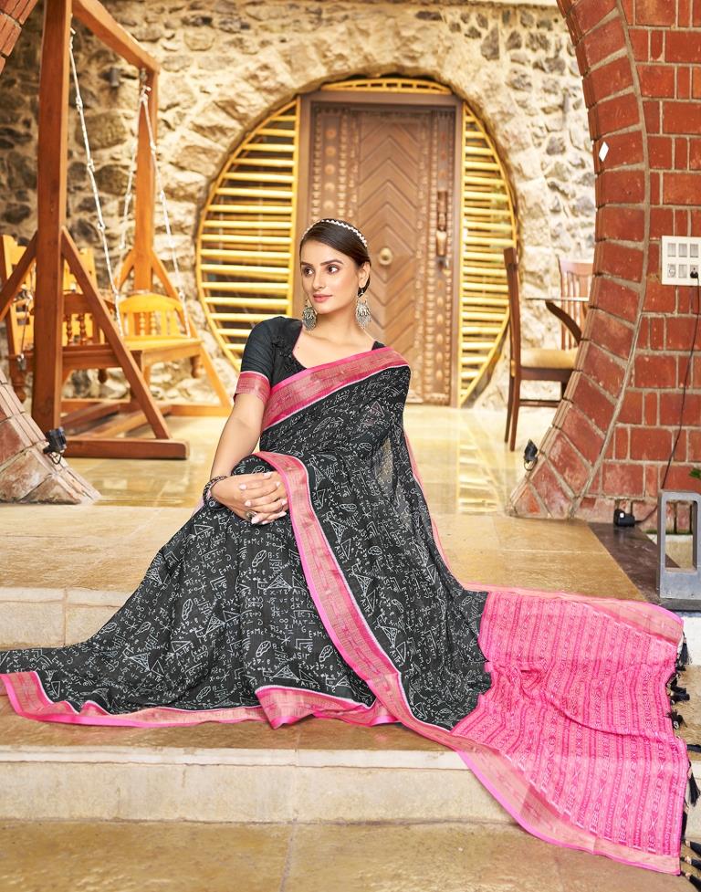 Dark Grey &amp; Pink Linen Printed  Saree