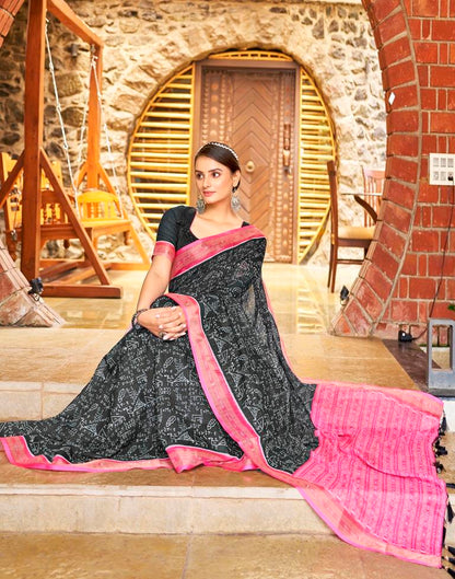 Dark Grey &amp; Pink Linen Printed  Saree