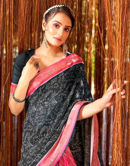 Dark Grey &amp; Pink Linen Printed  Saree