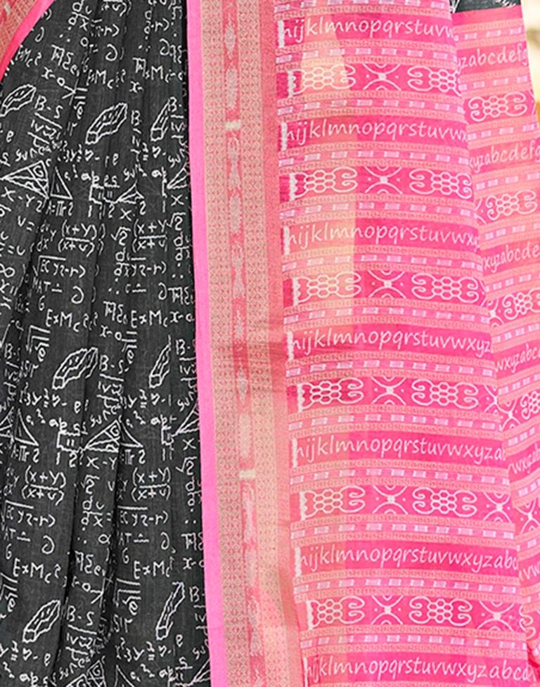 Dark Grey &amp; Pink Linen Printed  Saree