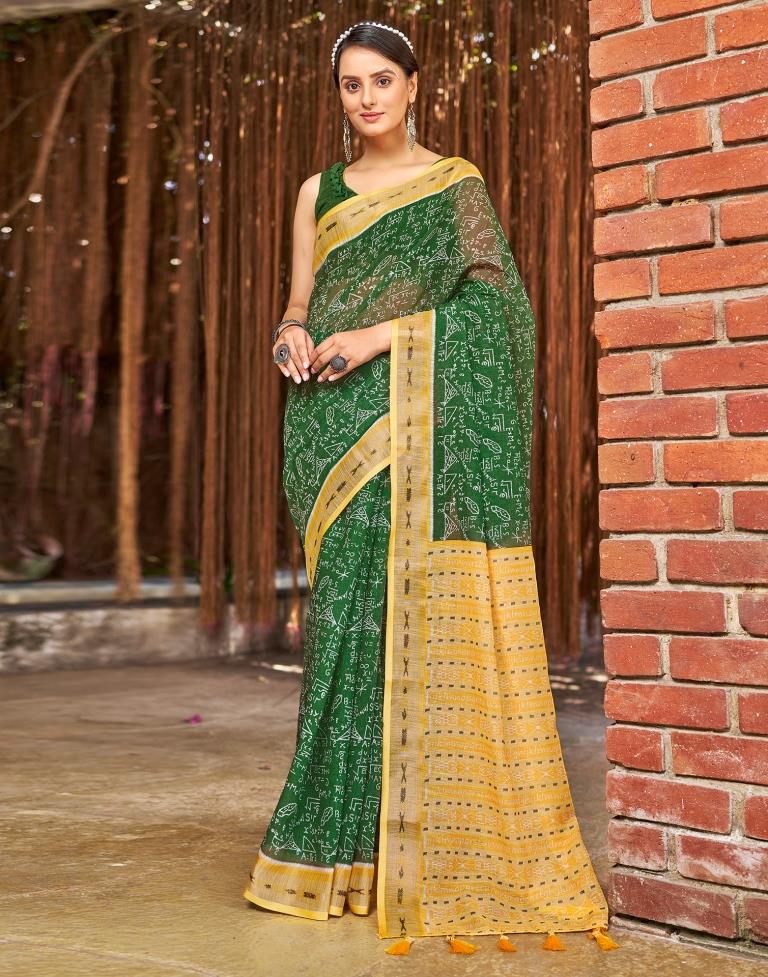 Green Linen Printed  Saree