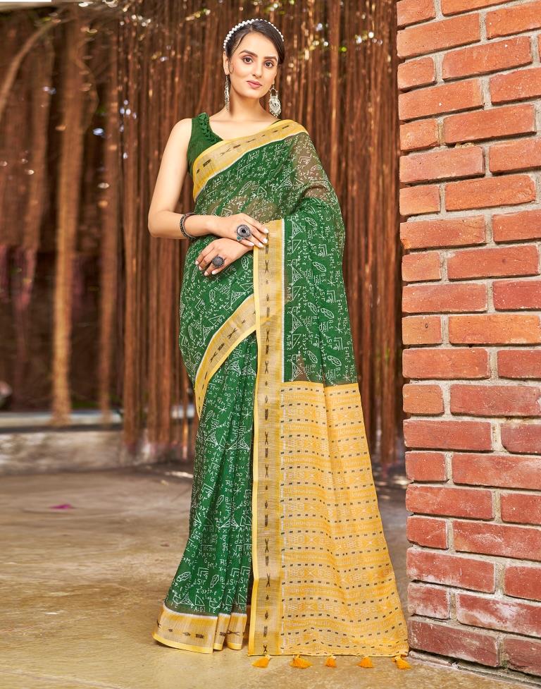 Green Linen Printed  Saree