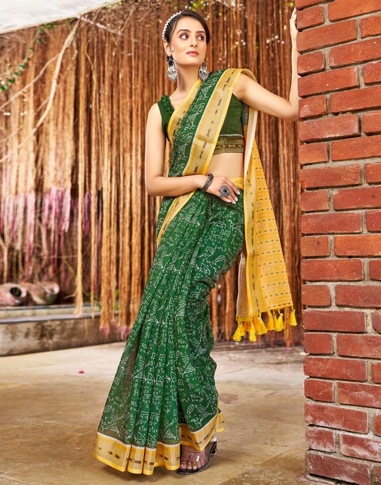 Green Linen Printed  Saree