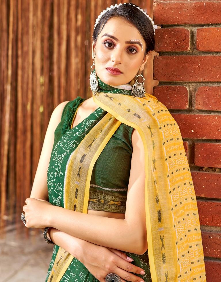 Green Linen Printed  Saree