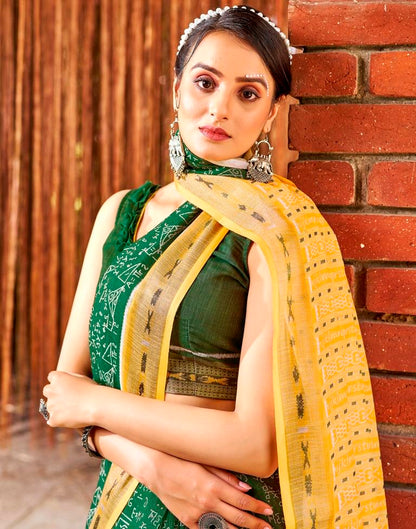 Green Linen Printed  Saree