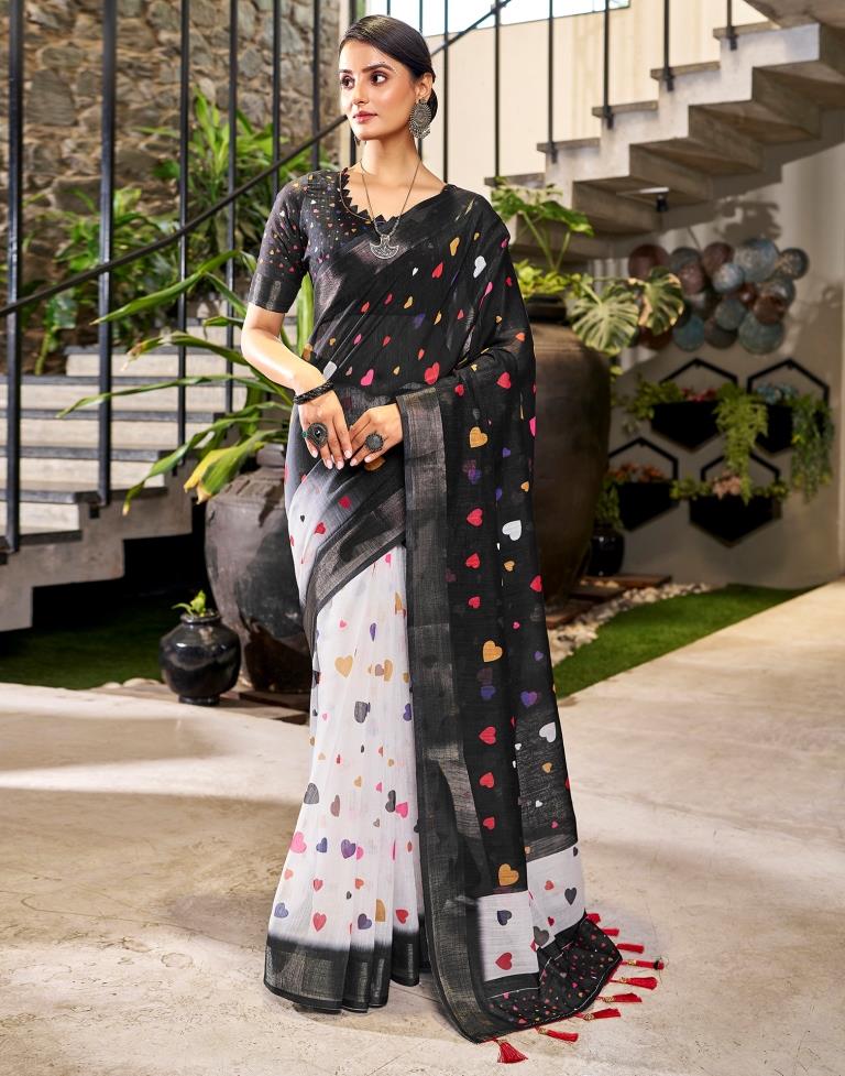 Black &amp; Multicolour Linen Printed  Saree