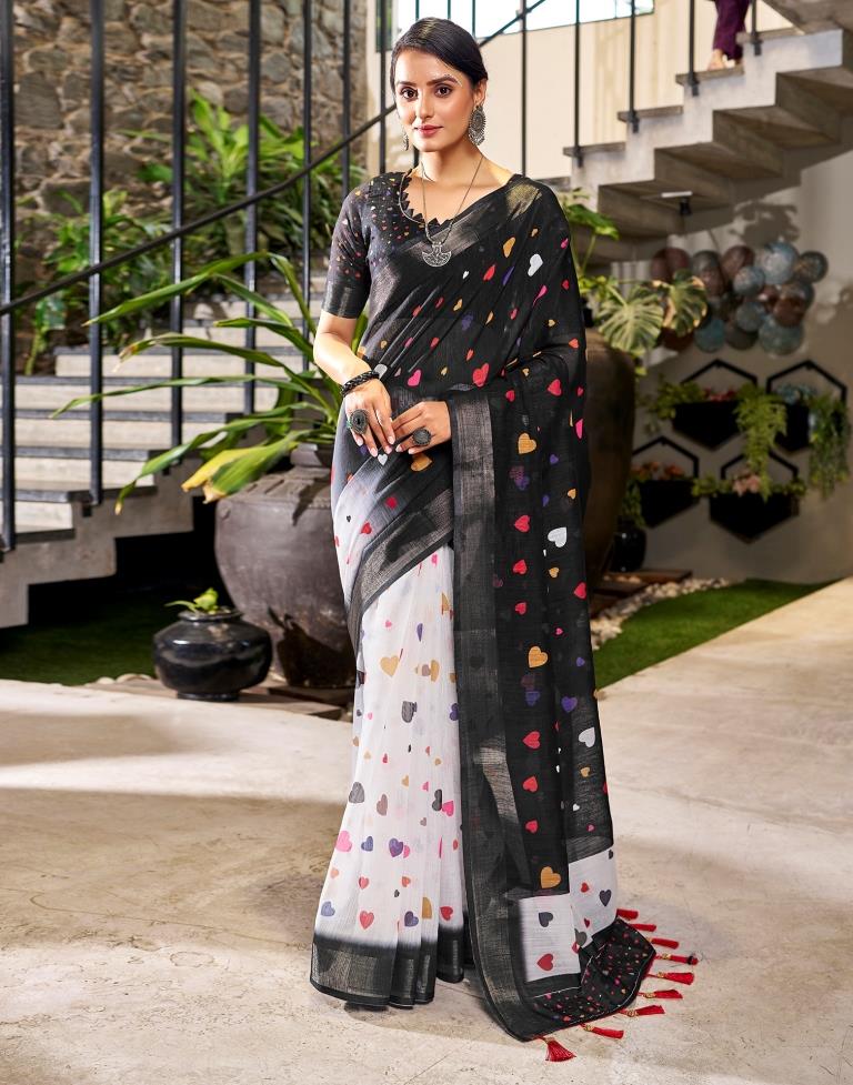 Black &amp; Multicolour Linen Printed  Saree