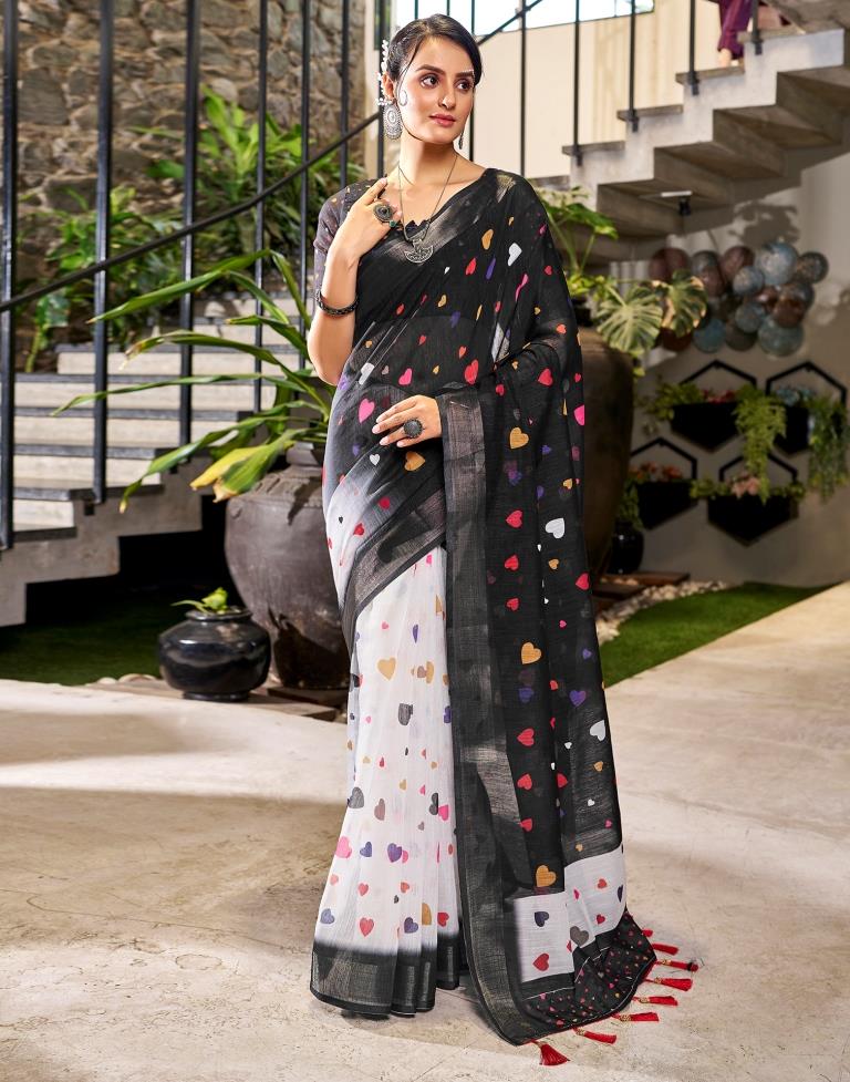 Black &amp; Multicolour Linen Printed  Saree