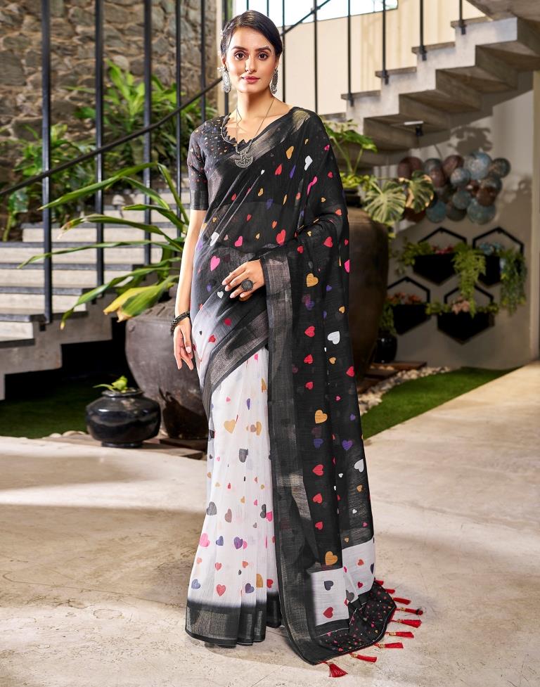 Black &amp; Multicolour Linen Printed  Saree