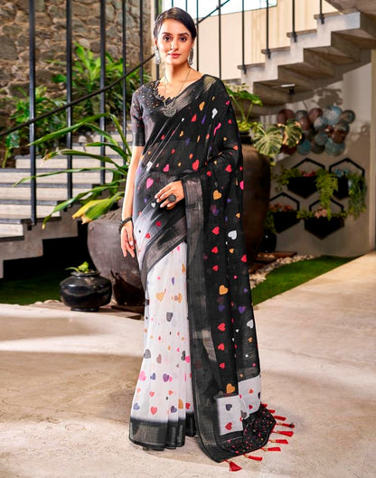 Black &amp; Multicolour Linen Printed  Saree