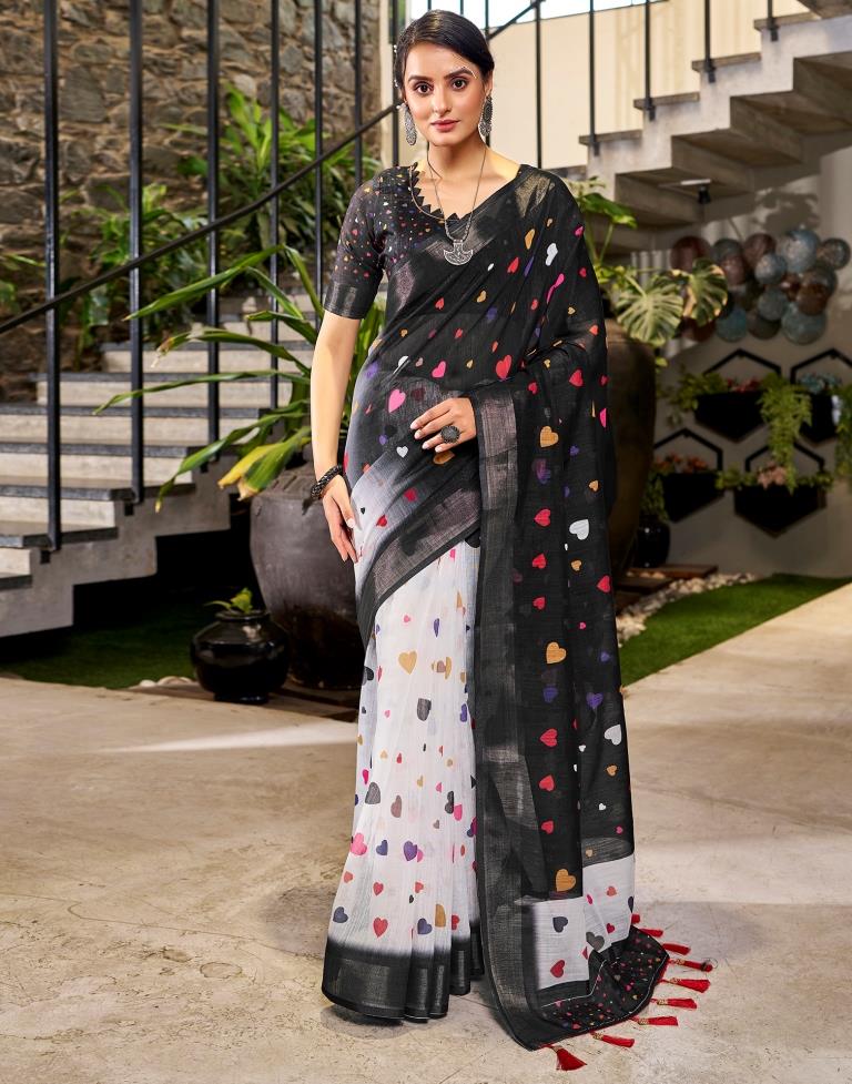 Black &amp; Multicolour Linen Printed  Saree