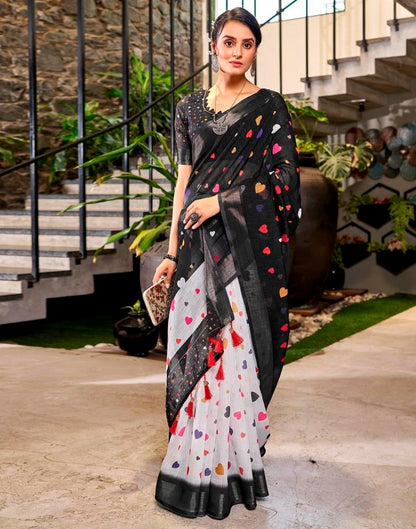 Black &amp; Multicolour Linen Printed  Saree