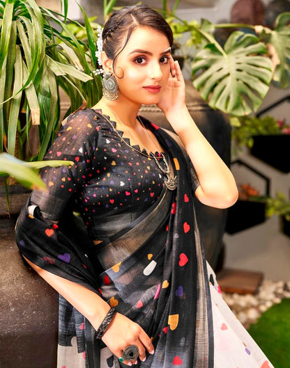 Black &amp; Multicolour Linen Printed  Saree