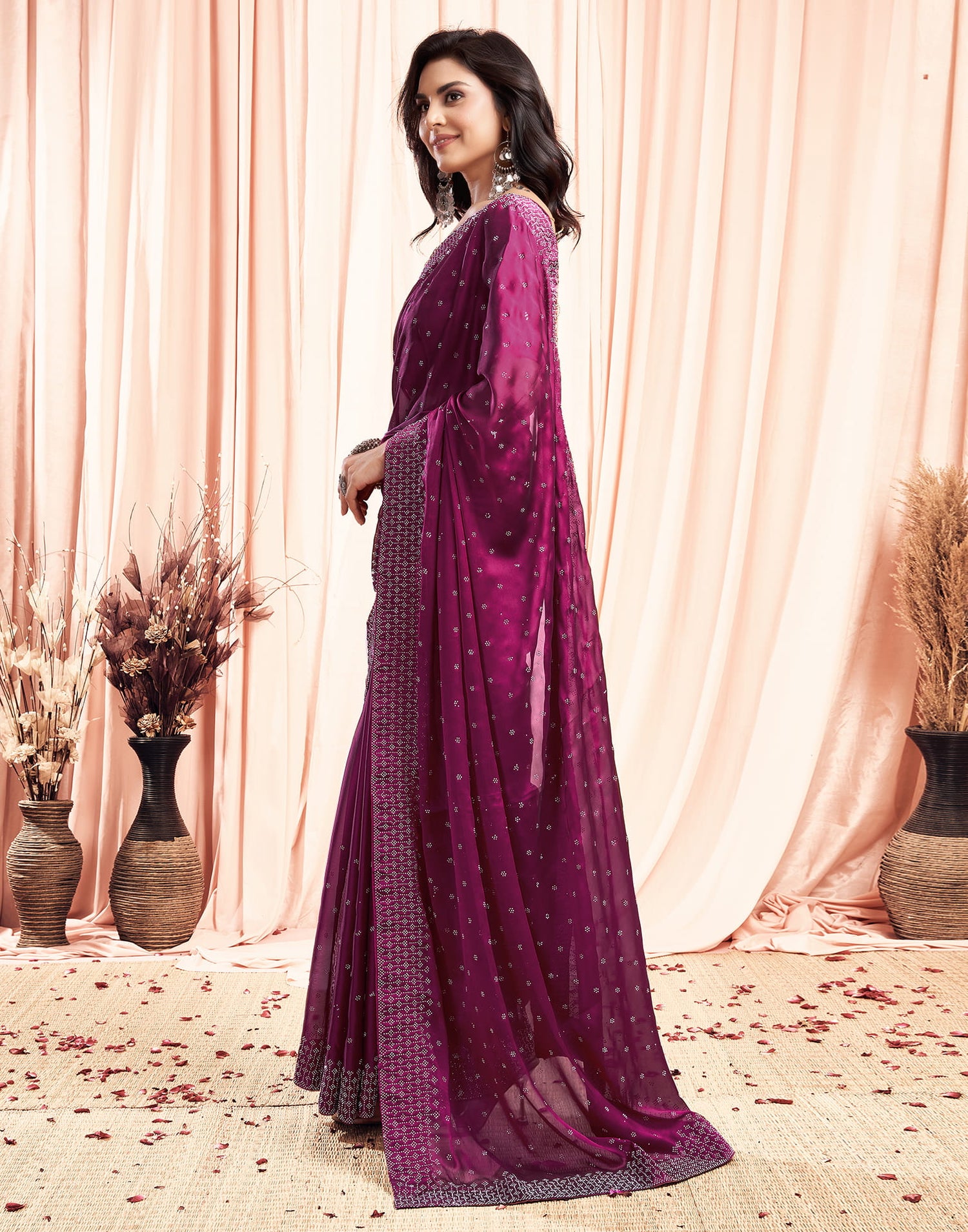 Dark Pink Georgette Plain Saree